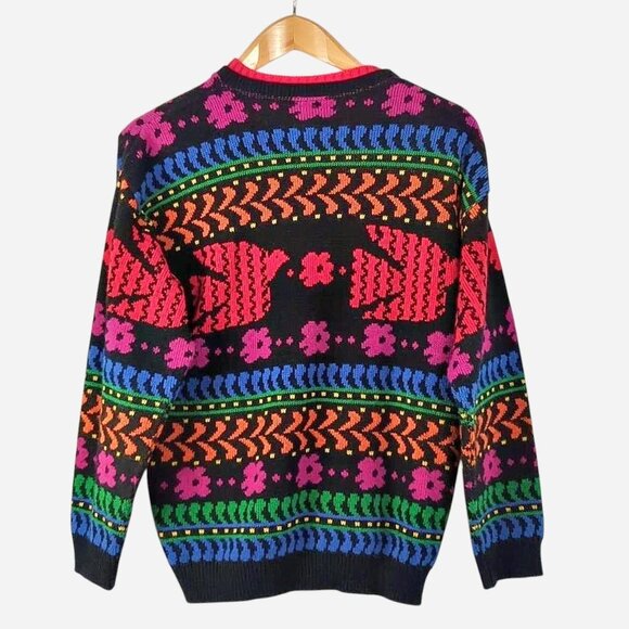 Vintage 80s Pandora Sweater Bright Bird Floral Knit Colorful Jumper l Medium - Picture 2 of 8